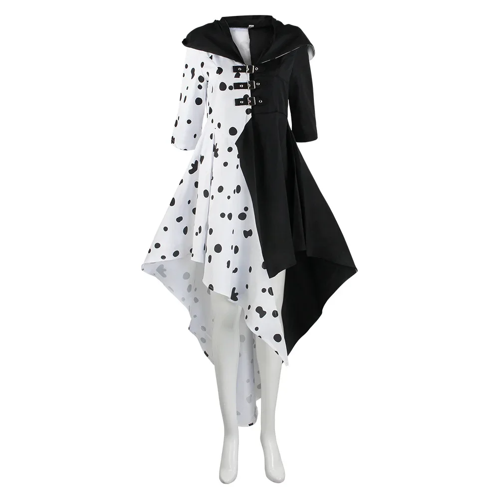 Anime Cruella Cosplay Costume Dress Halloween Outfit Cloak Carnival Suit Cruella De Vil Costume Dogs Cos For Adult Women