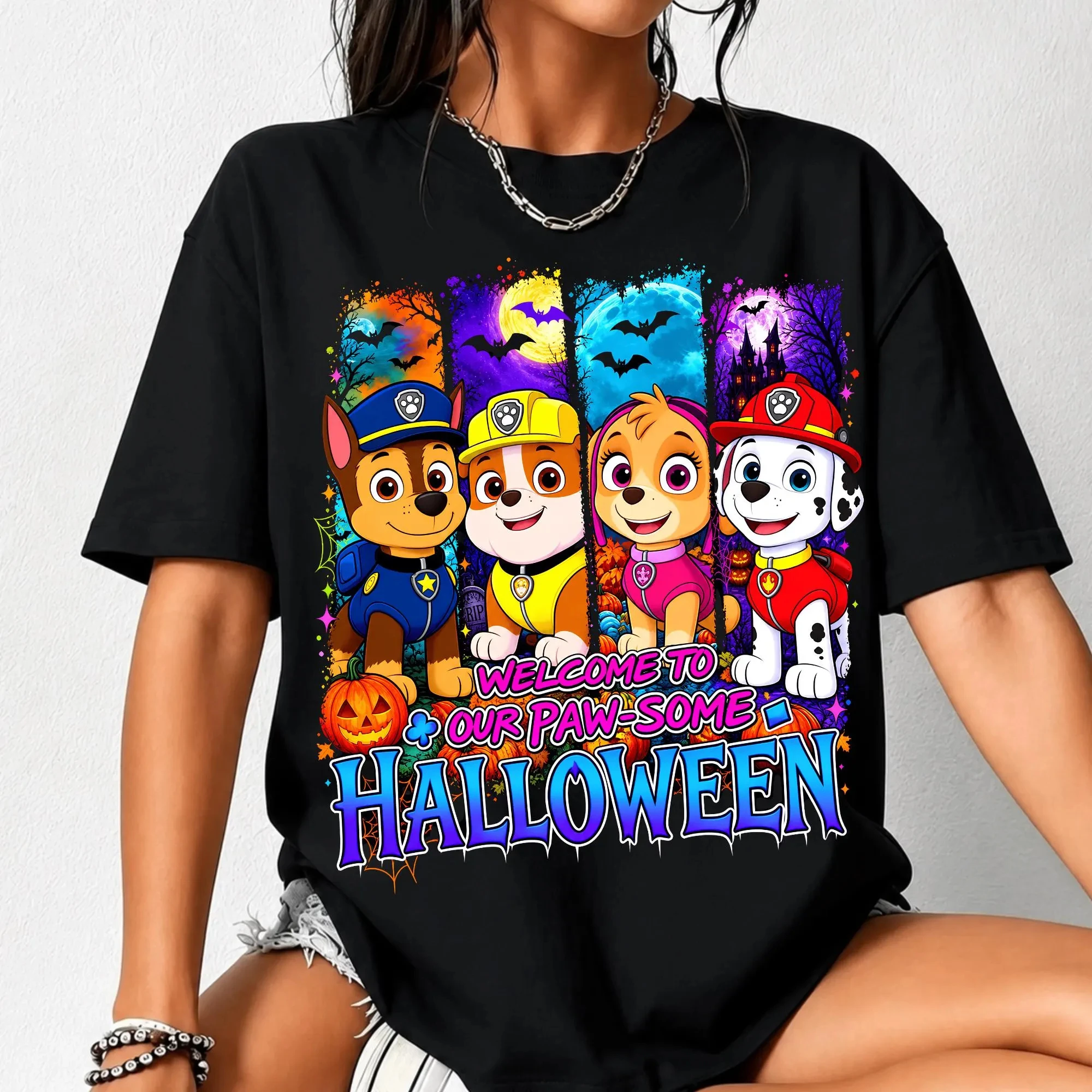 Paw Patrol Halloween T‑Shirt Cartoon Puppy Pumpkin Bat Castle Print Short Sleeve Casual Cotton Tops for Boys Girls