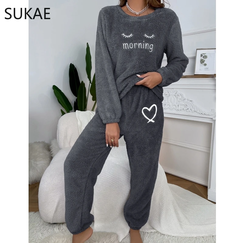 SUKAE Fluffy Homewear Winter Woman Pajamas Set Pullover Lashes Sleepwear Cozy Flannel Pijamas Cold Thermal Lady Lingerie Pyjama