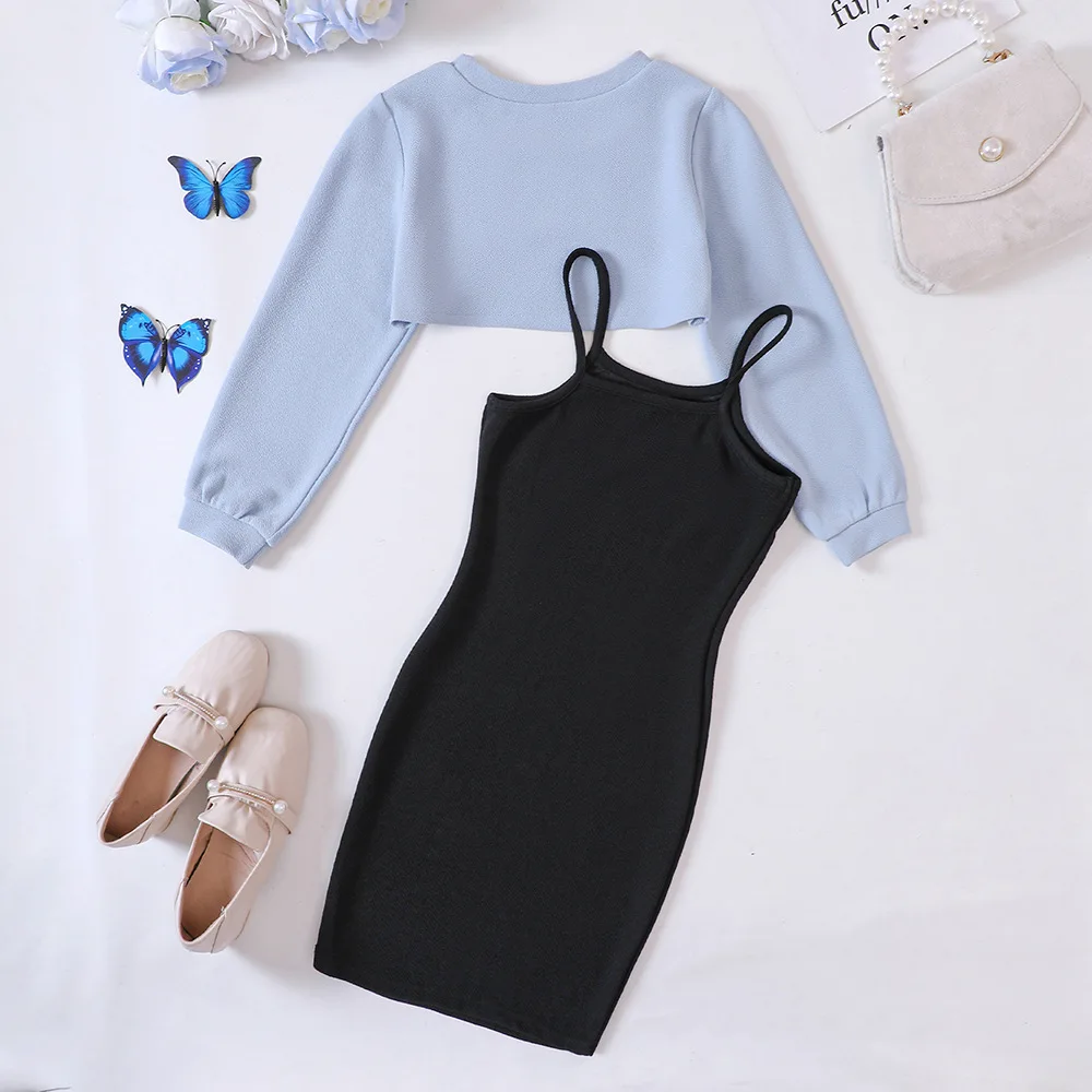 Kids Casual Clothing Sets Outfits for Girls 2024 Autumn Children Fashion Long Sleeve Short Tops Print Cami Bodycon Dress 5-14Y
