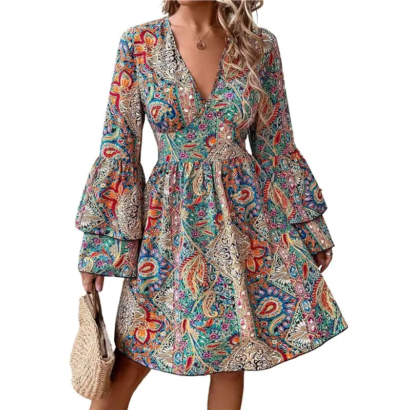 ABRT-Women Print Wrap Boho V Neck Short Flared Sleeve Elastic Waist Drawstring Flowy Mini Dress