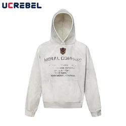 Washed Distressed Print Hooded Sweatshirts Mens Autumn Winter High Street Raglan Long Sleeve Loose Hoodies Men