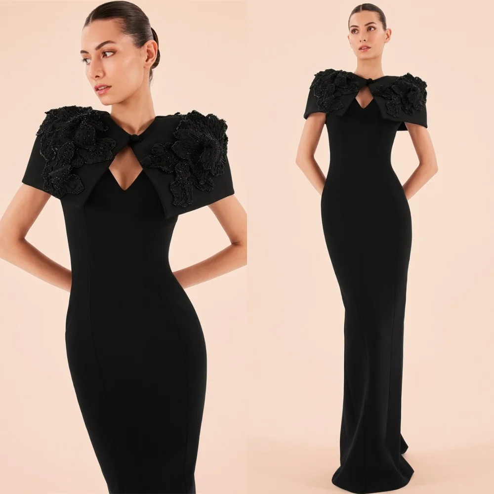 

Customized Simple Black Jersey Evening Dress Classic V-Neck Short Sleeves Homecoming Dresses Temperament Vestido De Festa