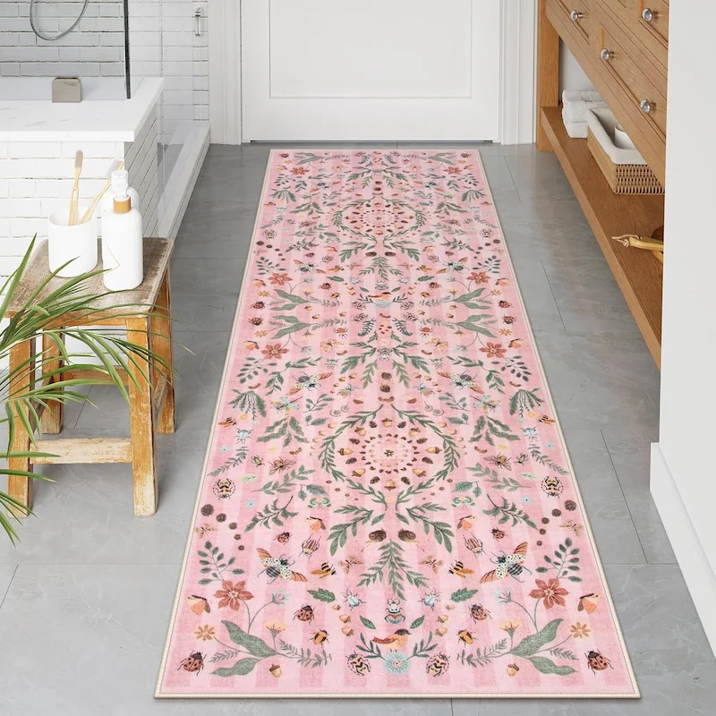 VIKAMA Bohemian Retro Flower Running Carpet Anti slip Corridor Carpet Flower Insect Floor Mat Kitchen Bedroom Home Decoration