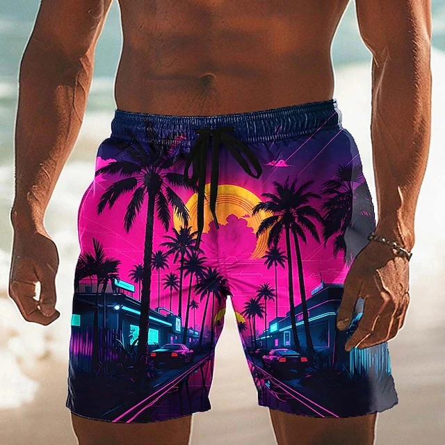 

Summer Men's Sunset Tropical Beach Shorts, Palm Tree Print Quick Dry Swim Trunks, Drawstring Waist Board Shorts For Swimming