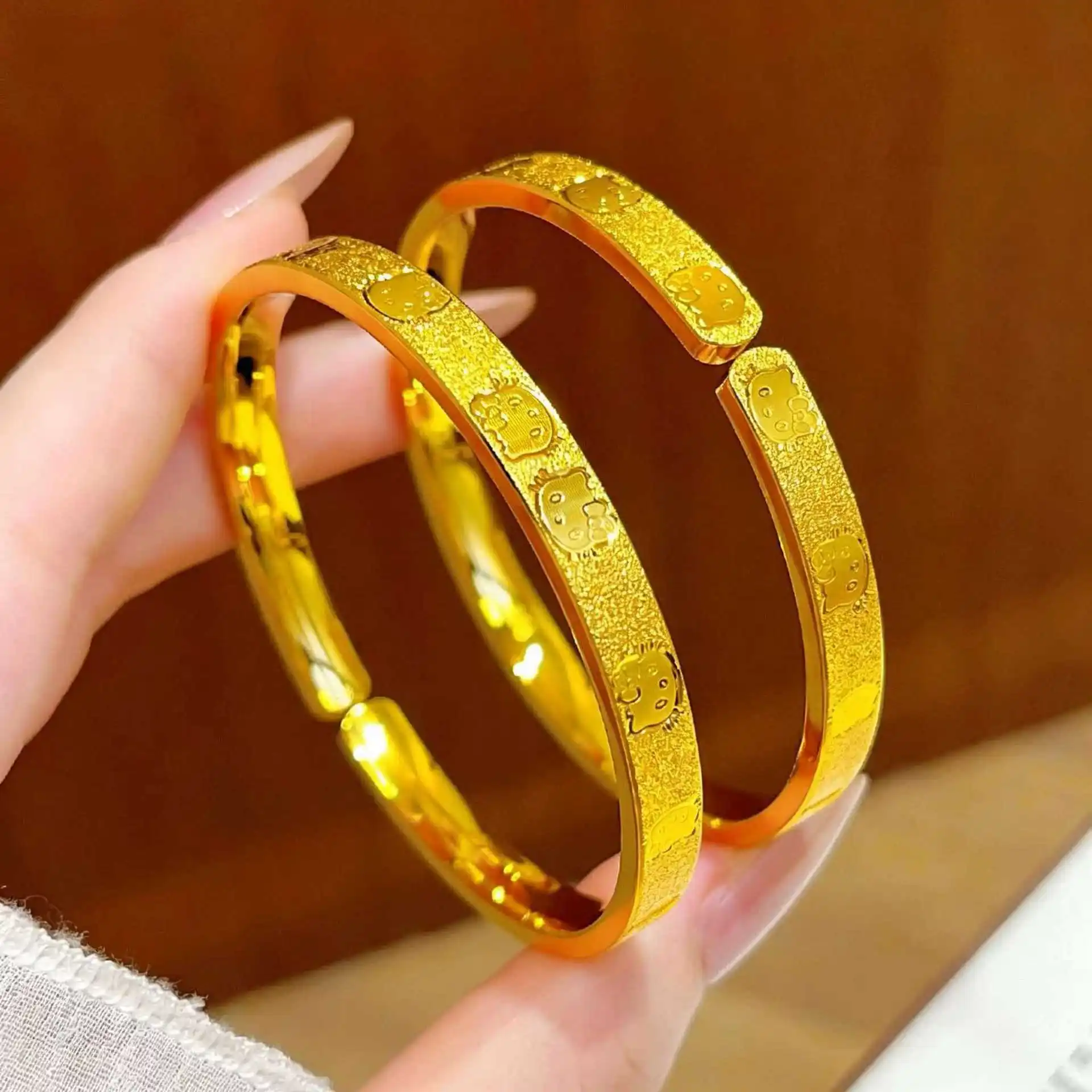 Daily Sweet Cute Cat Head Open Bangle For Women 24K Gold AU999, Lovely Solid Gold Women Bracelet