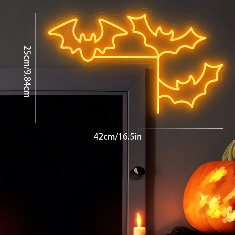 Golden Three Bats Neon Sign Halloween Decoration For Room Door Decor Dimmable Led Light Up Sign Wall Halloween Light USB Powered