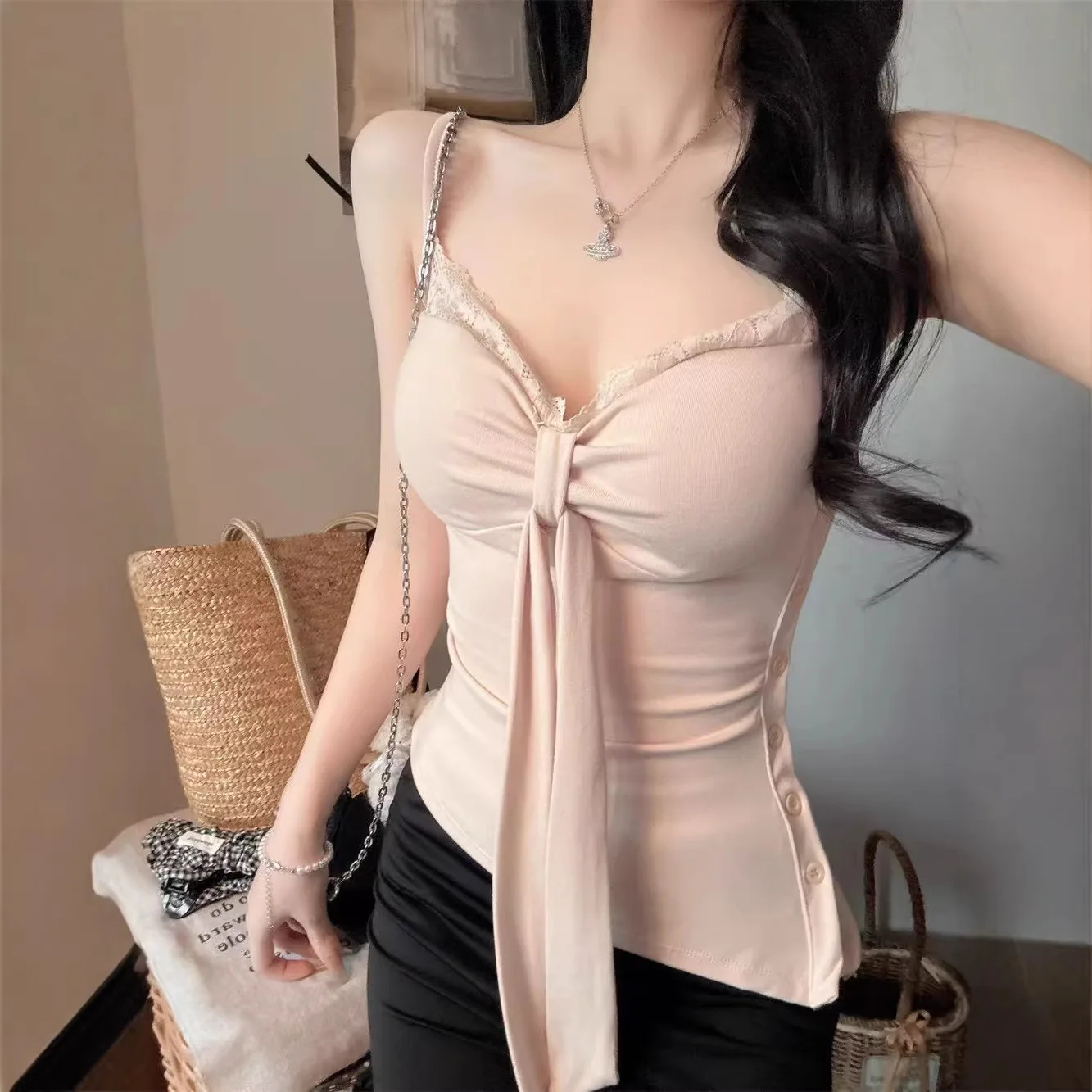 Women Lace Trim Cami Top, Front Bow Tie Spaghetti Strap Tank Top, Ladies Slim Fit Side Button Irregular Hem Camisole