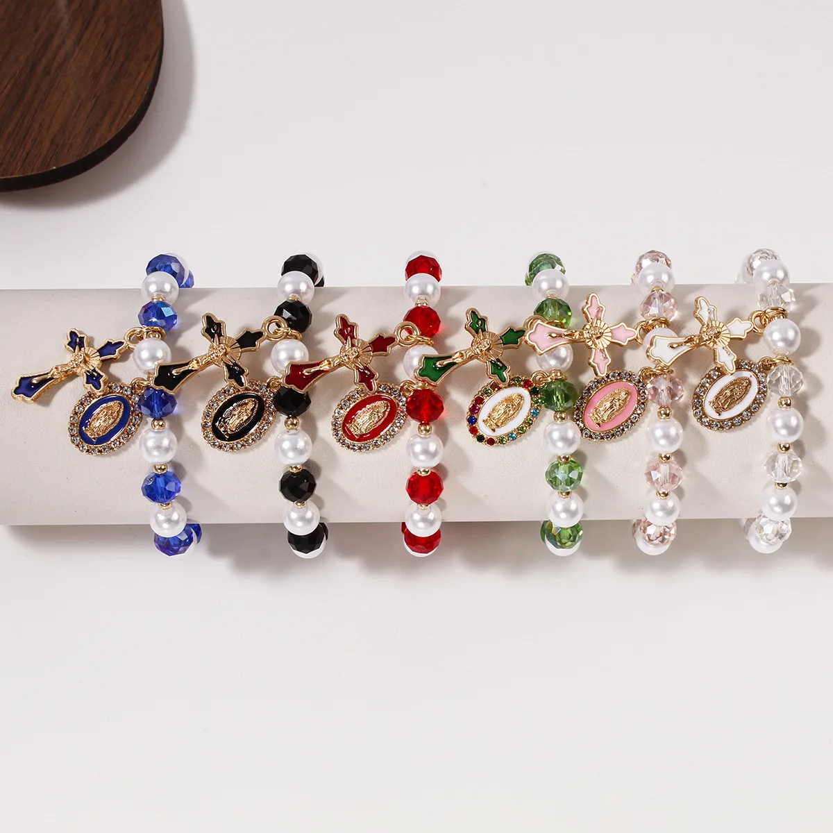 Pearl Crystal Religious Guadalupe Bracelet with Diamonds, Communion Baptism Cross Beaded Bracelet Gift Dropshipping