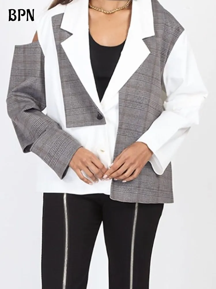 

BPN Casual Patchwork Hit Color Blazers For Women Notched Collar Long Sleeve Hollow Out Fashion Blazer Female Clothing New Style