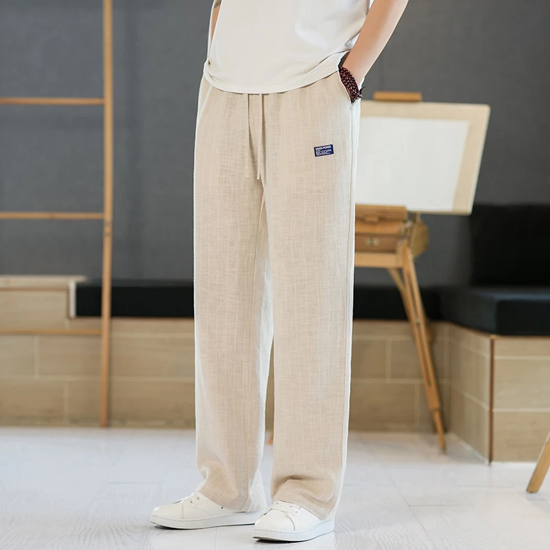 

Men's Summer Casual Linen Pants Thin Stripe Loose Straight Leg Cotton Linen Trousers Lightweight Breathable Faionable