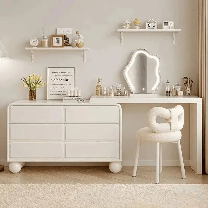 White Makeup Vanity with Mirror and Lights,Vanity Set with Chest of Drawers,Dresser Table with 6 Solid Wood Drawers Vanity Desk