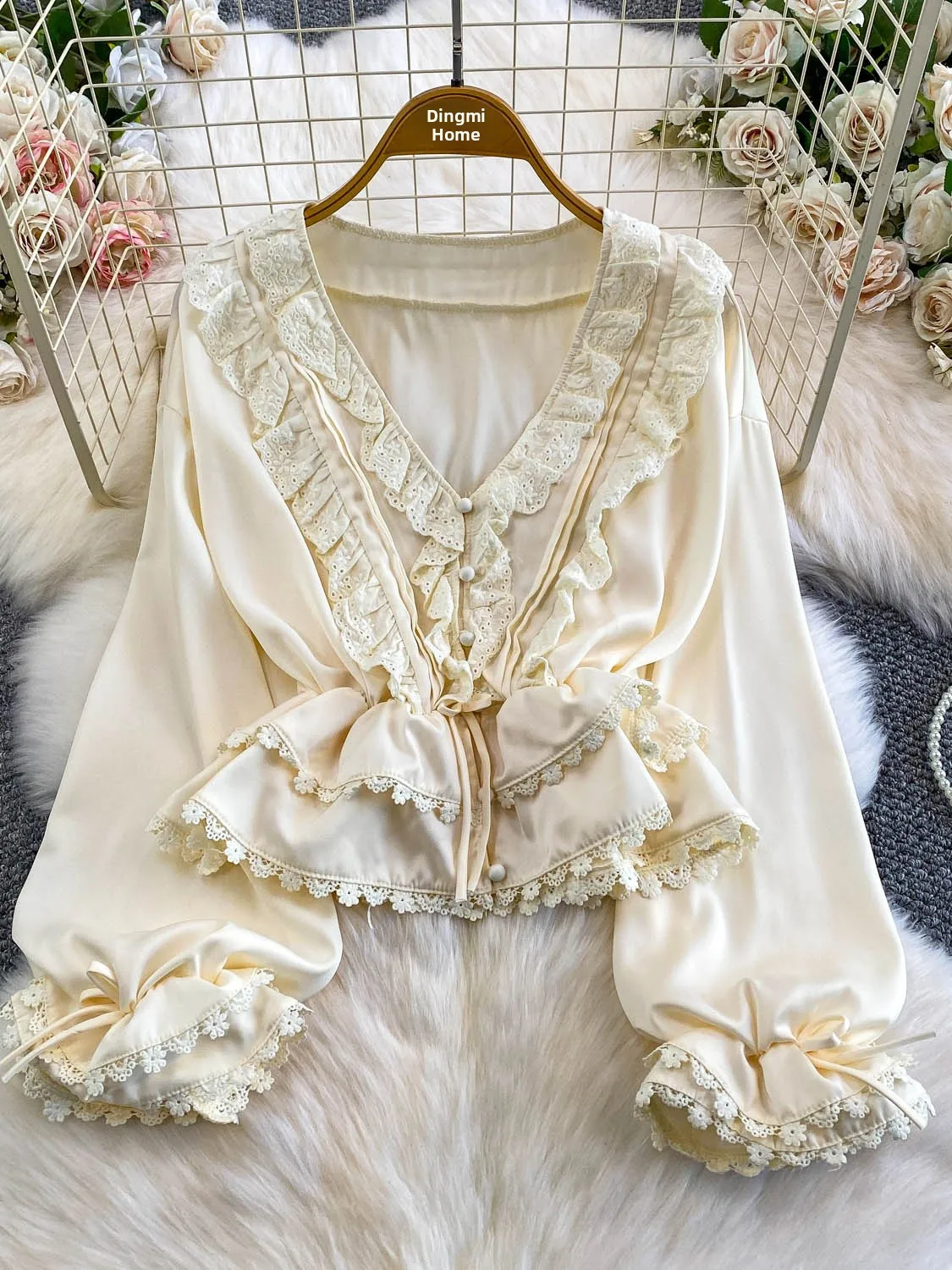 

Sweet Lace Trim V-ne Bell Sve irt Women's Casual Loose All-match Top Light Maturi Sle Autumn Winter Faion