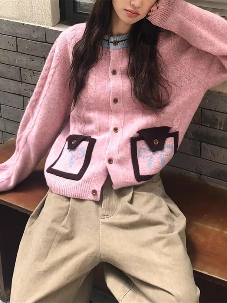

Fashion Solid Knitted Cardigan Sweater Women 2025 Autumn Korean Elegant Single-breasted Pocket Round Neck Long Sleeve Sweater
