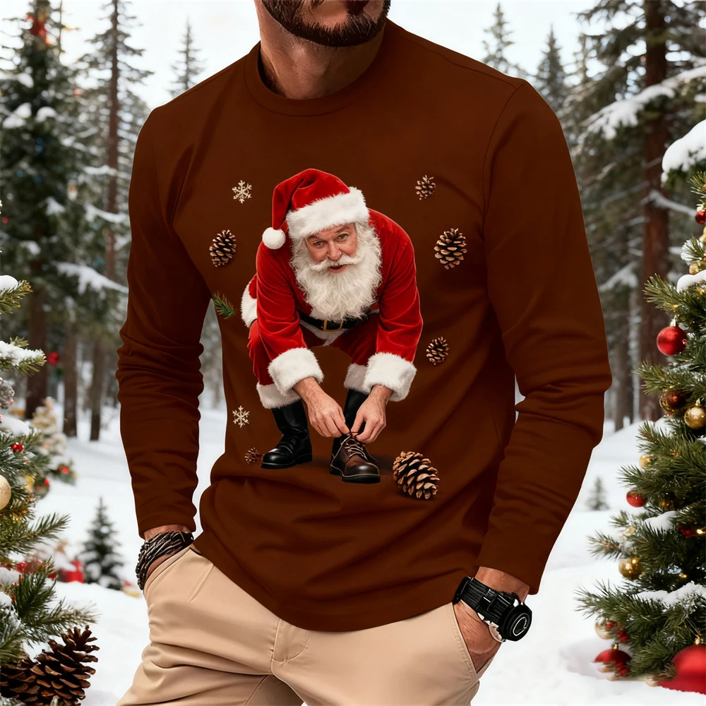 

Новая забавная удобная футболка с длинными рукавами и рисунком Санта-Клауса, мужская повседневная дышащая футболка свободного покроя с круглым вырезом
