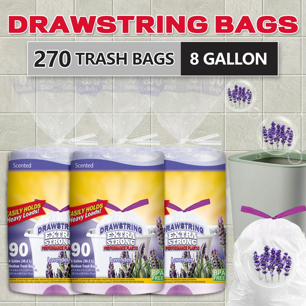 Xtratuff Medium Drawstring Trash Bags 8 Gallon Trash Bag Lavender Mint Scent 270 Count BPA FREE Garbage Bags White Strong