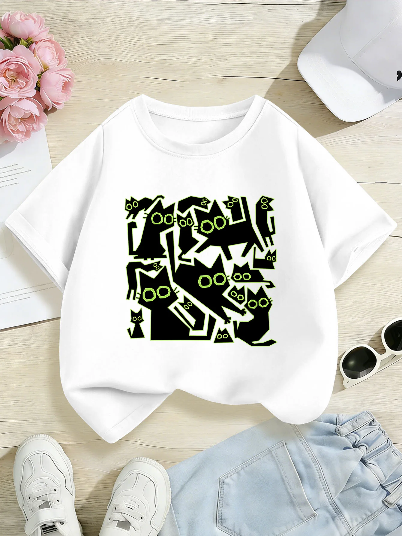 Geometric Many Black Kittens Art Pattern Print Kids T Shirt Boys Girls Family Matching Parent Child Summer Crew Neck Casual Tee