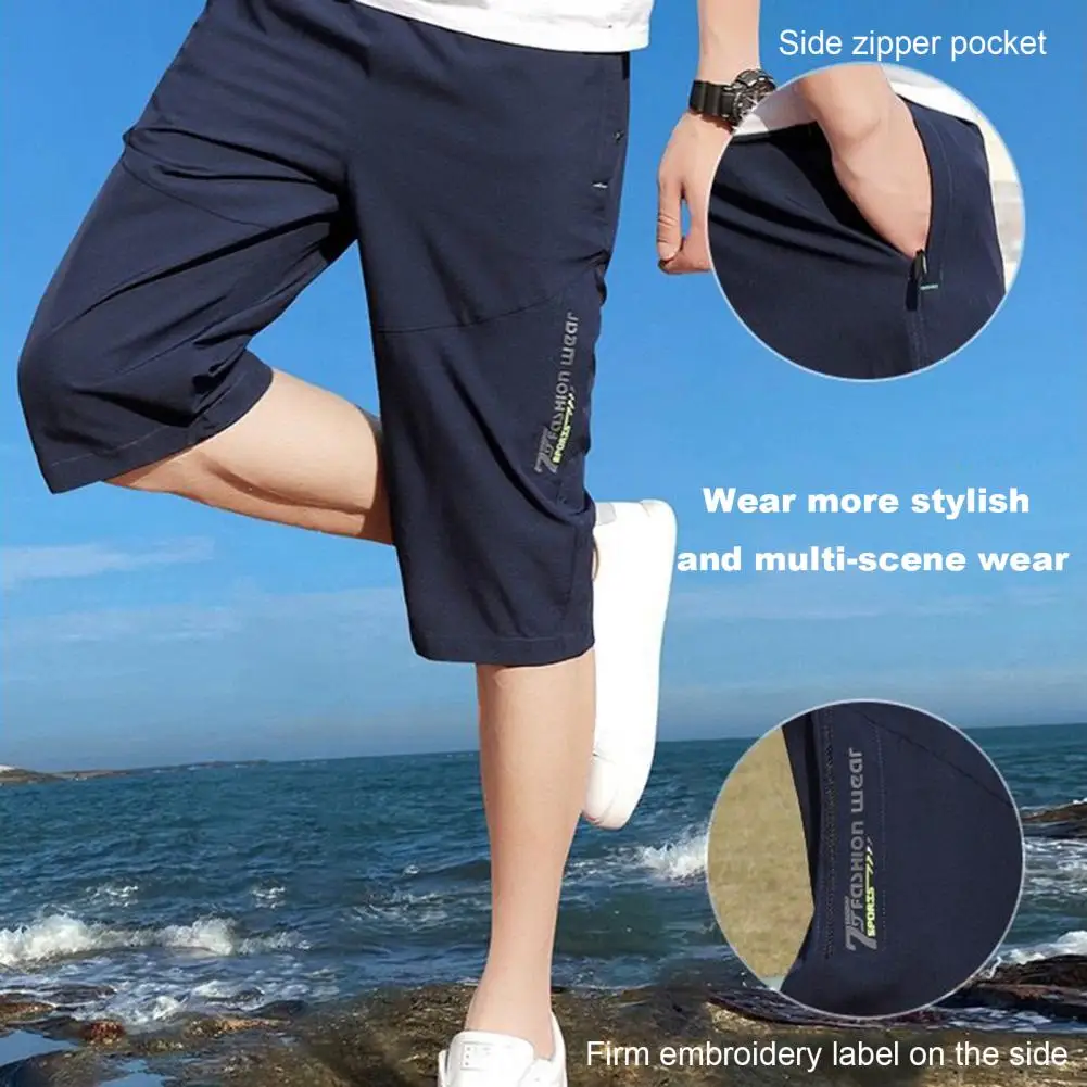 Thin Ice Silk Shorts Soft Breathable Men\'s Mid-calf Length Trousers with Elastic Waist Zipper Pockets Solid for Comfortable