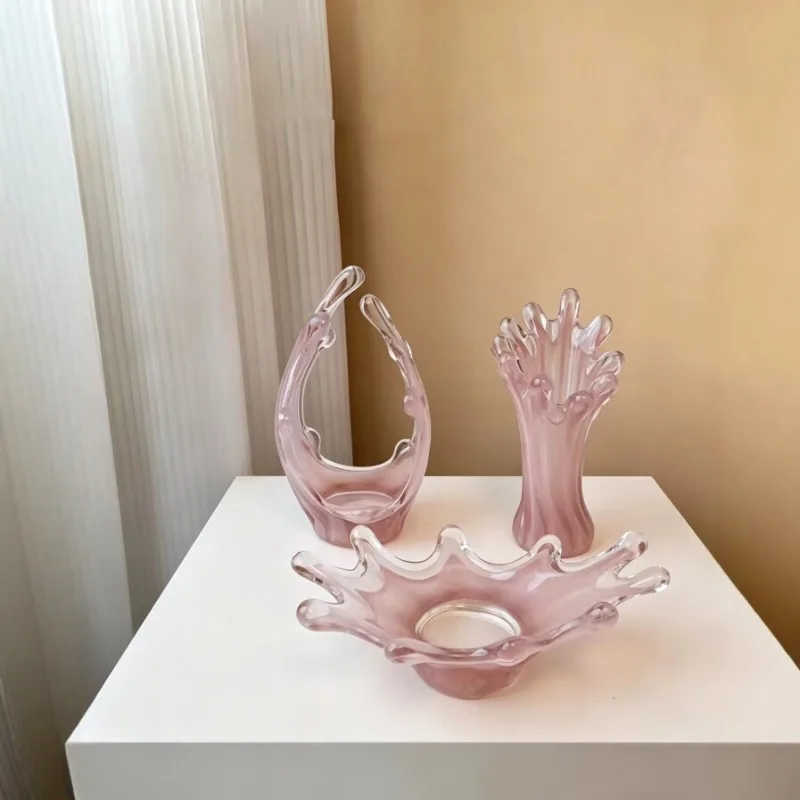 ins style light luxury glass vase ornament, European creative home decoration, desktop flower arrangement, pink art