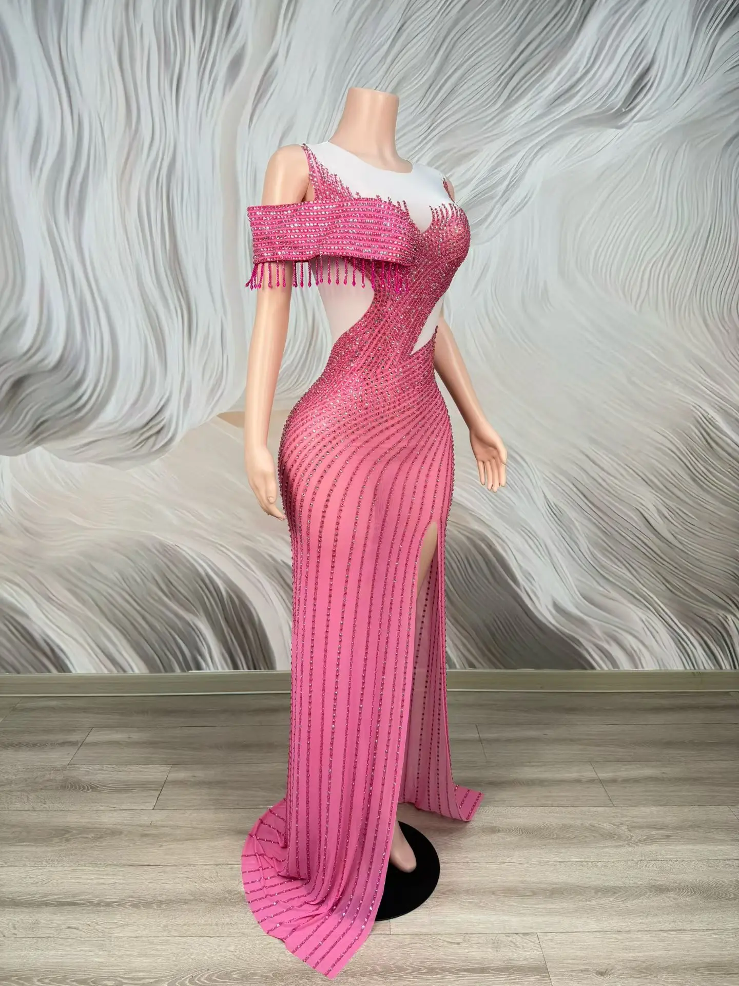 Mulan Elegant Fuchsia Full Rhinestone Mermaid Evening Dress Single Fringe Sleeve Cutout Waist High Slit Birthday Gala Gown view 4