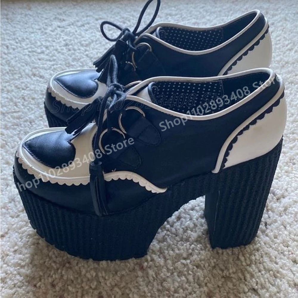 

Black and White Cross Tied Shallow Pumps Front Heart Shaped Sexy Chunky High Heel Women Shoes 2025 Summer Zapatos Para Mujere