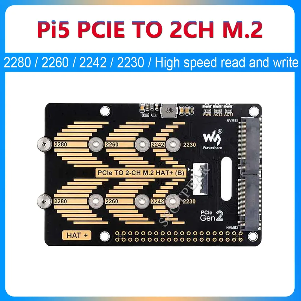 

Raspberry Pi 5 PCIe to 2CH M.2 NVMe SSD Adapter Board HAT (B) High speed read and write support 2280/2260/2242/2230