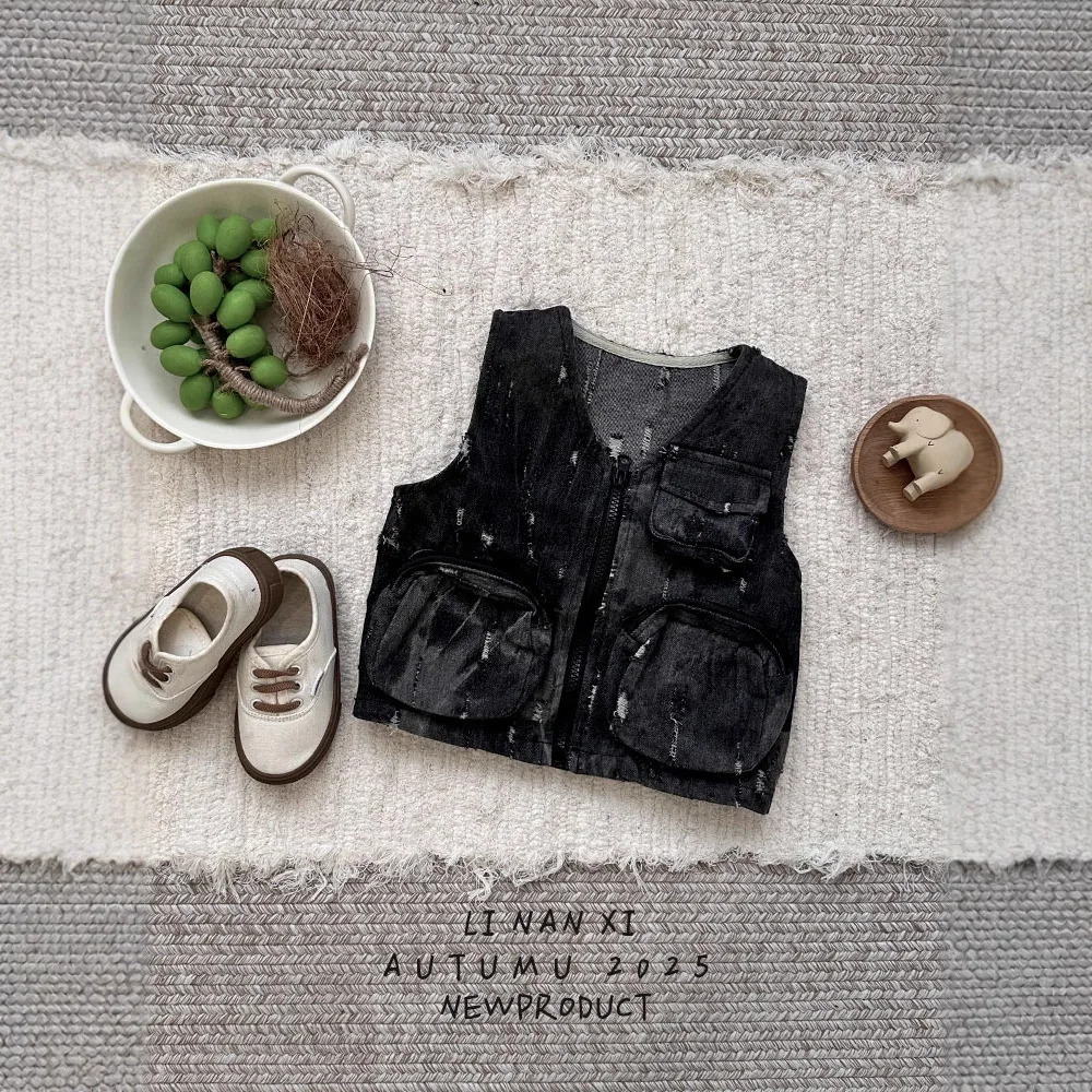 

Kids Streetwear Fashion Vest 2025 Autumn New Korean Chic Cargo Waistcoat Boys Sleeveless Spring Distressed Coat