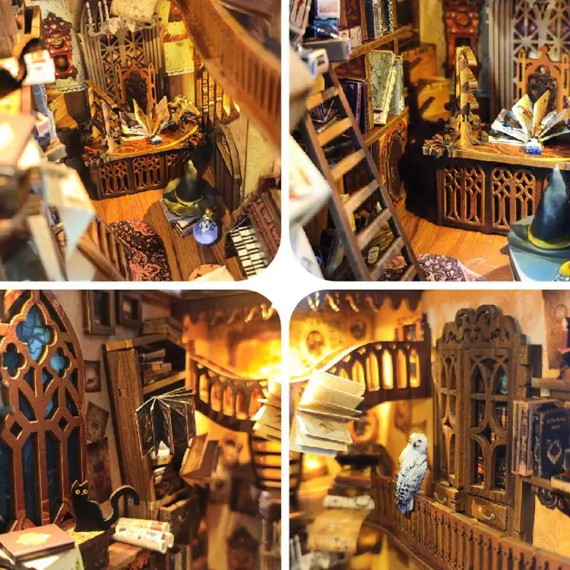 OUZEY 3D Livro de madeira Nook DIY Kit - Biblioteca escolar de feiticeiro misterioso, inserção de estante com tema mágico, presente artesanal criativo para adultos