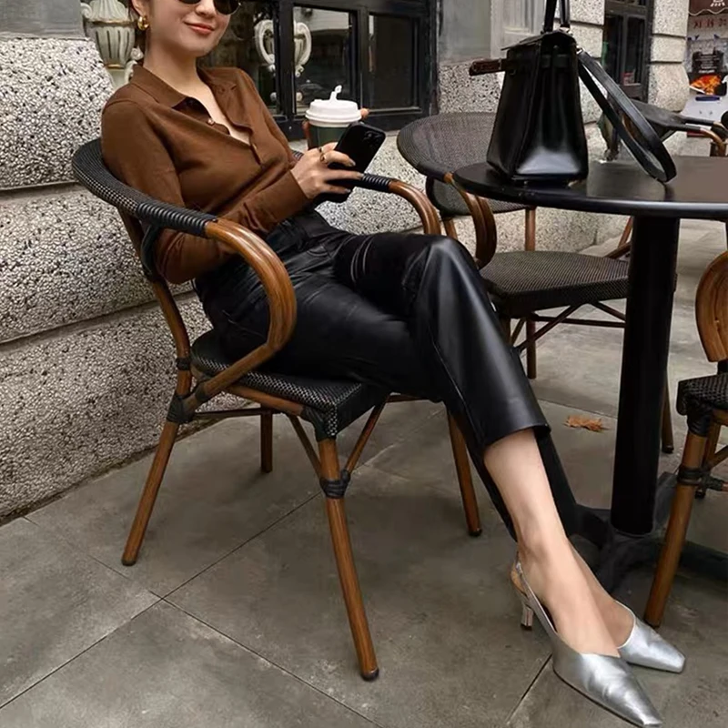 Genuine Leather Pants for Women High Waist Casual Pencil Pants Autumn Winter Ankle-Length Pants 2023 Chic Ladies Sheepskin Pants