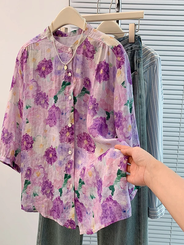 

Художественный фиолетовый цветочный принт из хлопка и льна, женский повседневный топ большого размера свободного покроя на пуговицах ort Sve с воротником-стойкой
