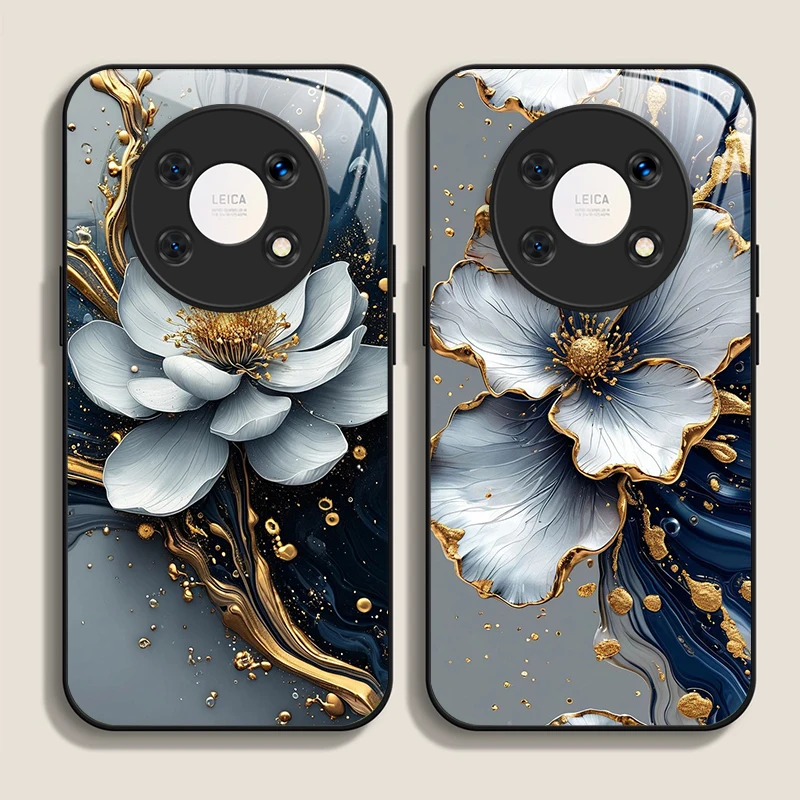 Funda de teléfono de vidrio templado con diseño de flor artística de loto elegante para Huawei Nova 13 12 SE 11 10 Pro Mate 40 30 P60 P40 5G