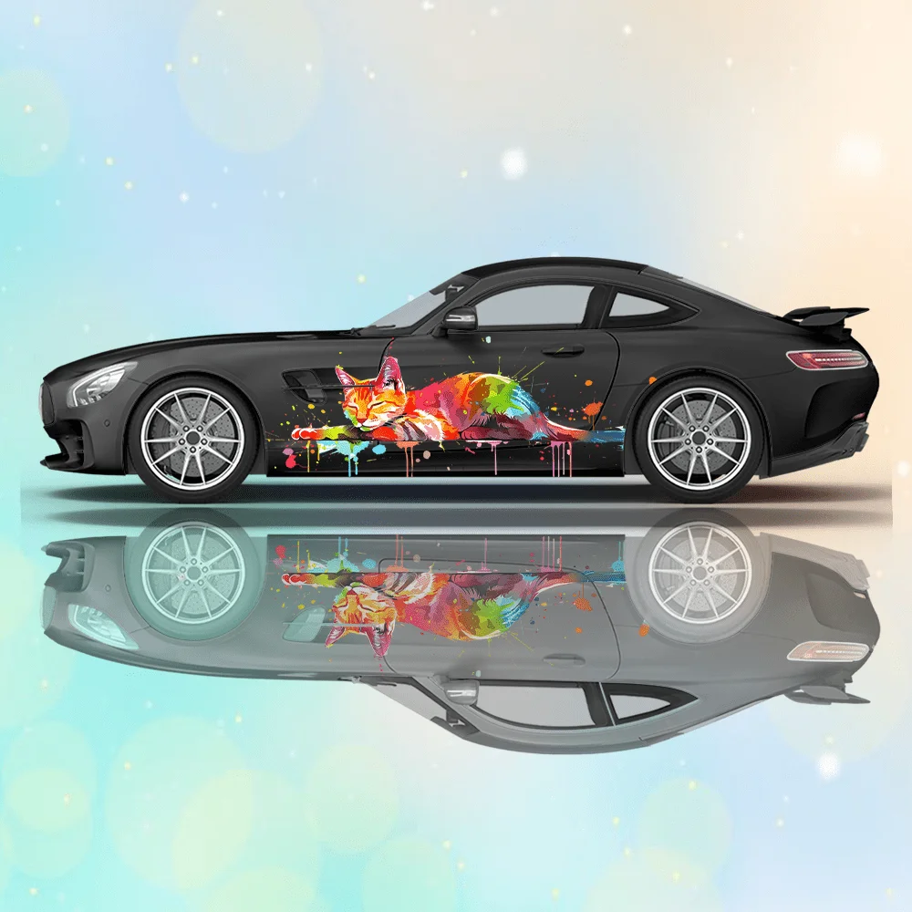 

Colored Splash Cat Car Sticker Full Body Floral Decoration Covering Scratches Protect Car Sticker Waterproof Car Vinyl Wraps