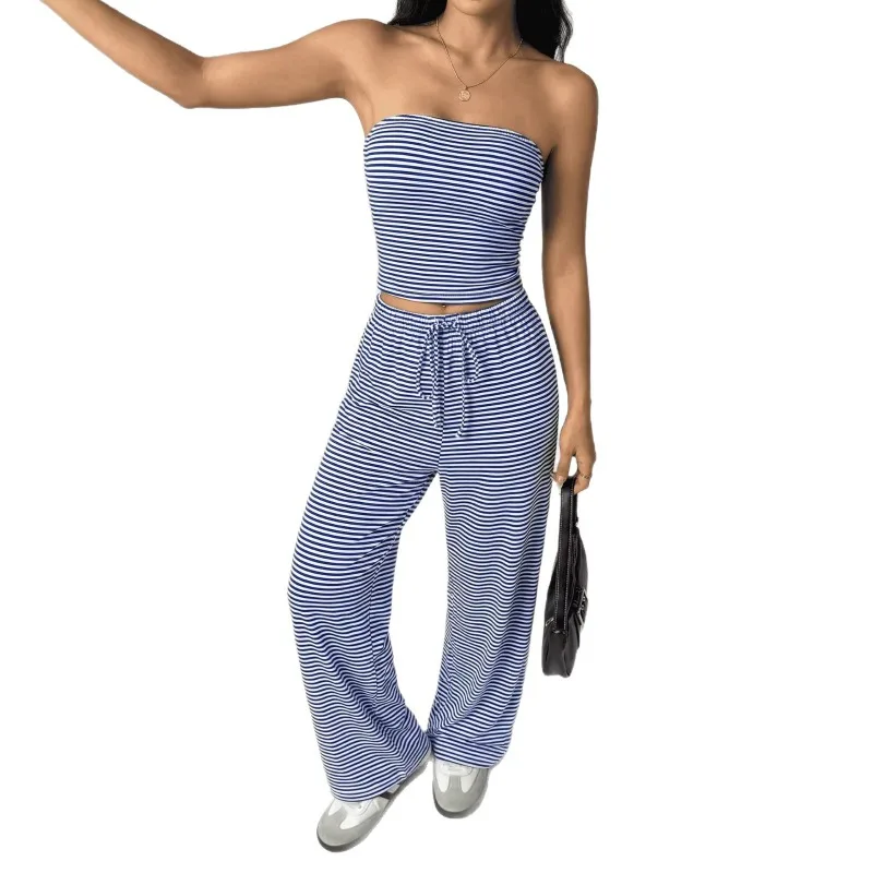 Women's Striped Strapless Tube Top Drawstring Waist Wide Leg Pants 2 Piece Casual Outfit Set