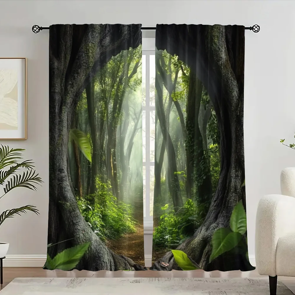 

2Pcs Green Jungle Trees Curtain Decor Mystic Tropical Landscape Nature Scenery Woodland Window Drapes For Bedroom Living Room