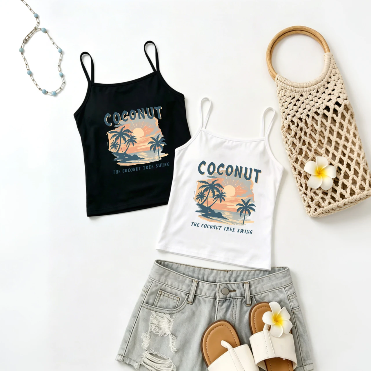 Tropical Island Graphic Camisole Women’s Summer Sleeveless Spaghetti Strap Vest Top with Retro Coconut Tree Swing Slogan Art