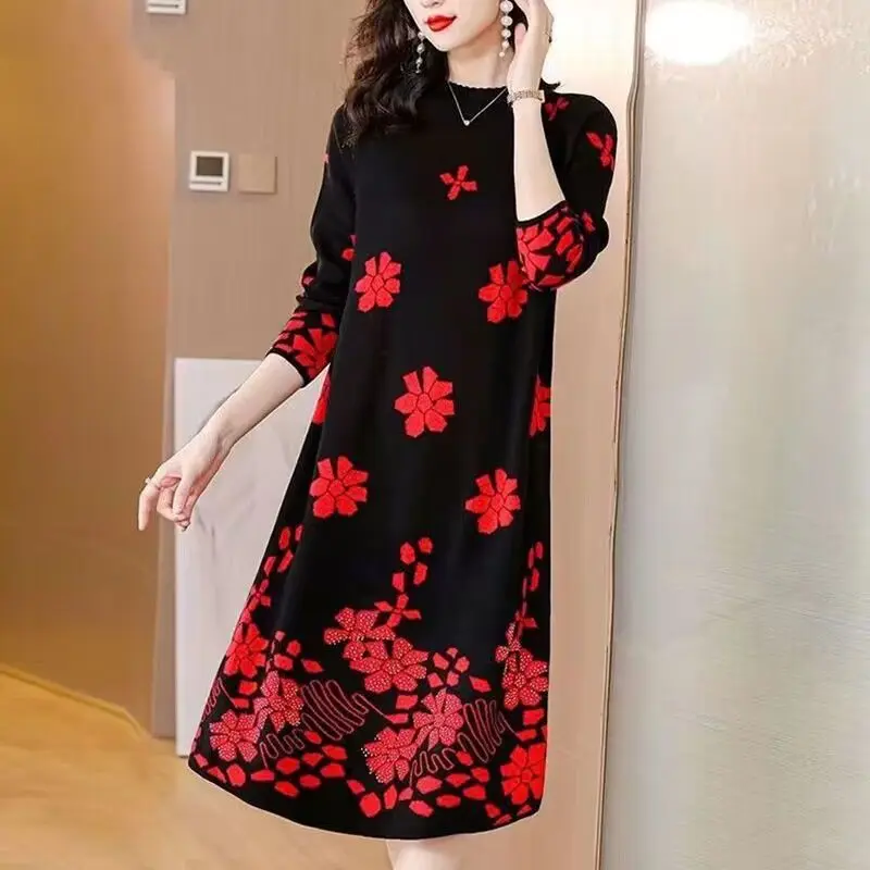 Women\'s Clothing Vintage Flowers Midi Dress Printed Autumn Winter Casual Loose A-Line Fashion Commute Half High Collar Dresses