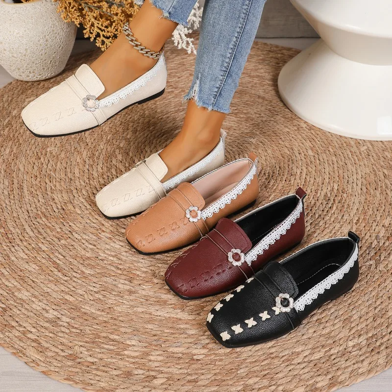 Spring Autumn New Lace Trim Square Toe Women's Flats and Loafers 2026 Fashion Retro Solid Daily Casual Women Shoes Сабо Женские