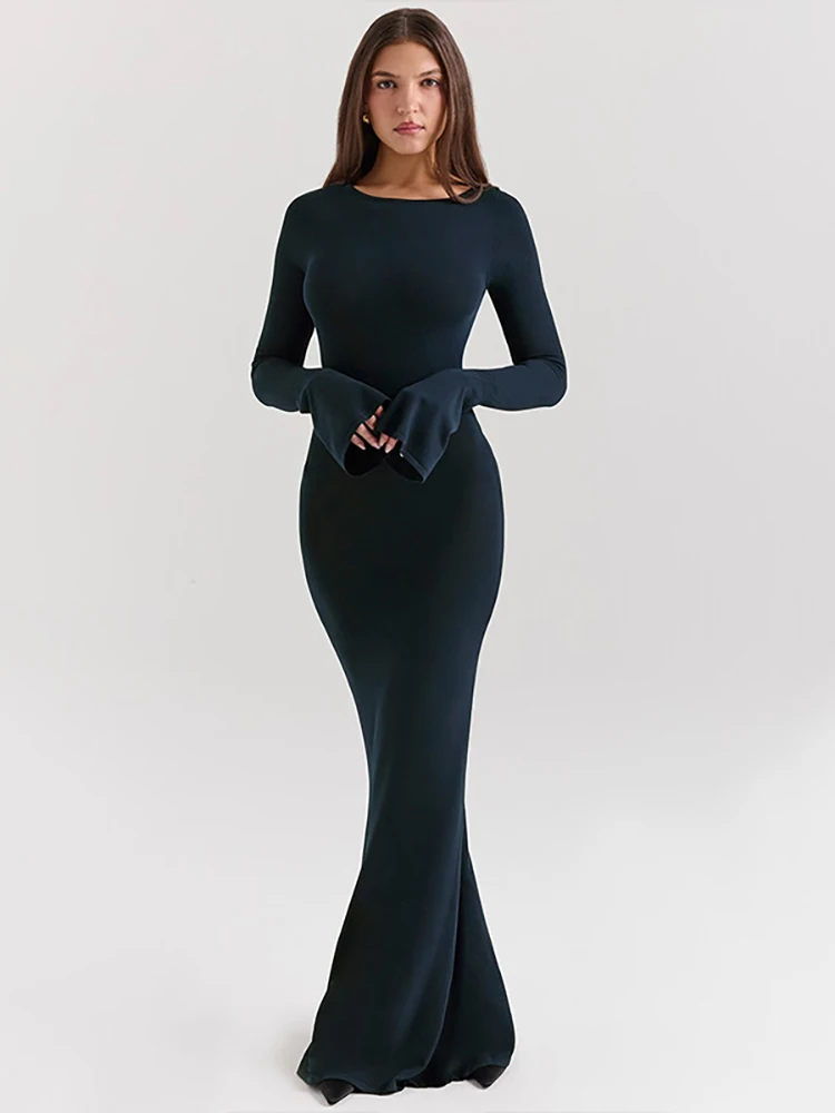 

JULISSA MO Sexy Backless Round Neck Maxi Dress For Women Blue Long Sleeve Evening Dress Winter Slim Elegant Party Clubwear 2024