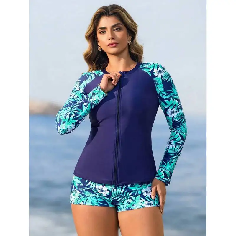 JEWELRY SEN Women 3‑Piece Rash Guard Swimsuit Tropical Floral Print Long Sleeve Zip‑Up Jacket Tankini Shorts Surf Swimwear - view 5