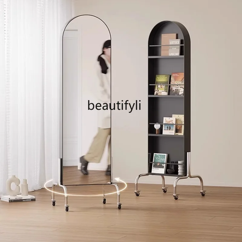 Rotating Fitting Dressing Bedroom Full-Length Mirror Movable Household Magazine Mirror Storage Bookshelf