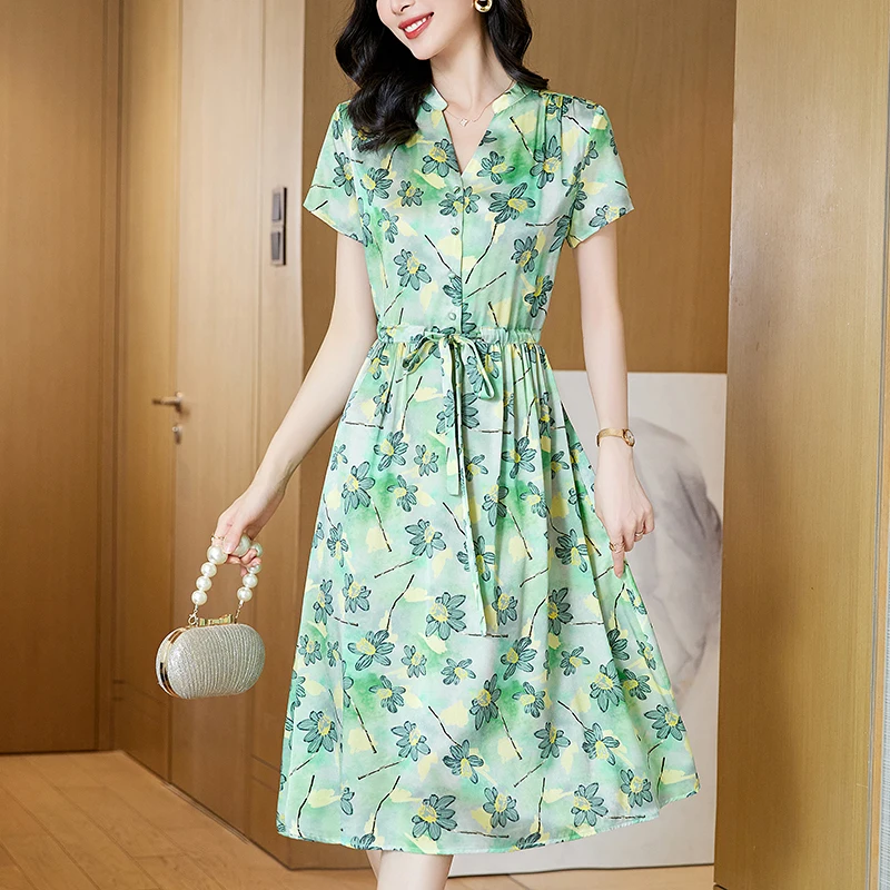 

19mm Real Silk Satin Women's Floral Print Dress 2024 Summer V-neck Elegant Fashion Dresses For Women Short Sleeve Long Dress