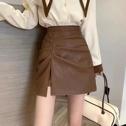 Side Slit Pleated Pu Leather Skirt Women Fashion A Line High Waist Mini Skirt Casual Streetwear Vintage Korean Lady Skirt