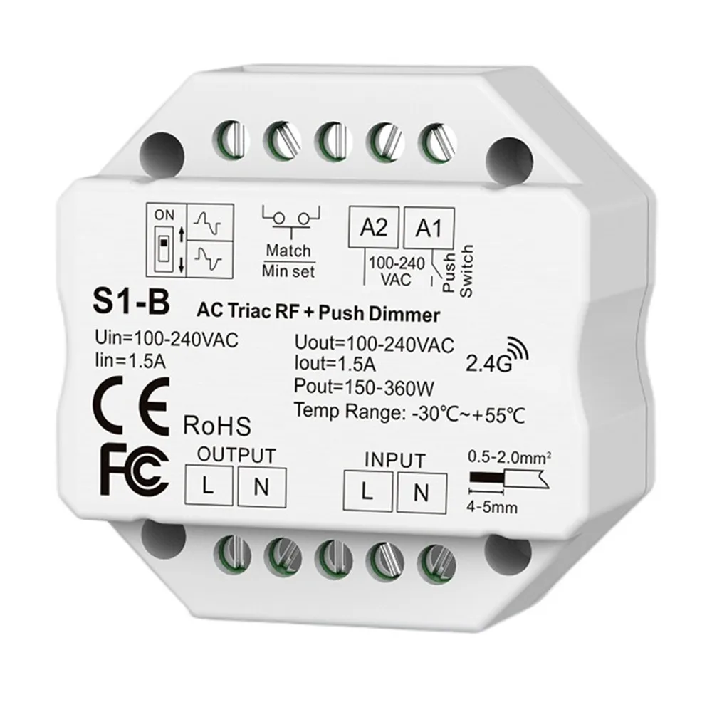 Regulador Triac Zigbee / WiFi / RF de un solo color, controlador LED RF de 2,4G, S1-B CH * 1.5A RF + atenuador de corte de fase AC de empuje