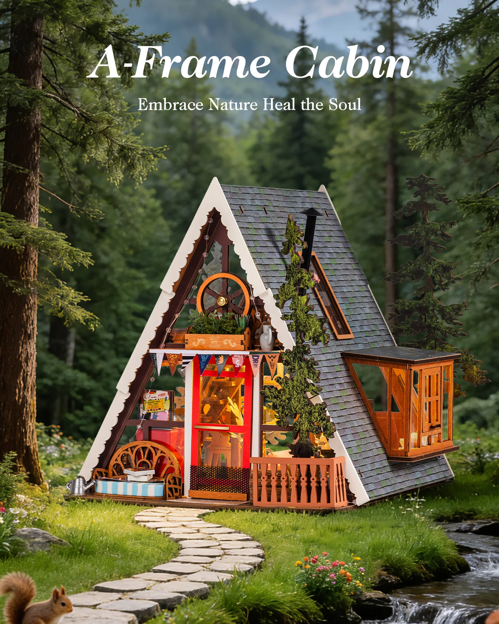 ROBOTIME Rolife A-Frame Cabin Maison miniature DIY, puzzle en bois 3D, décoration thérapeutique pour la maison, cadeau d'anniversaire unique pour adultes