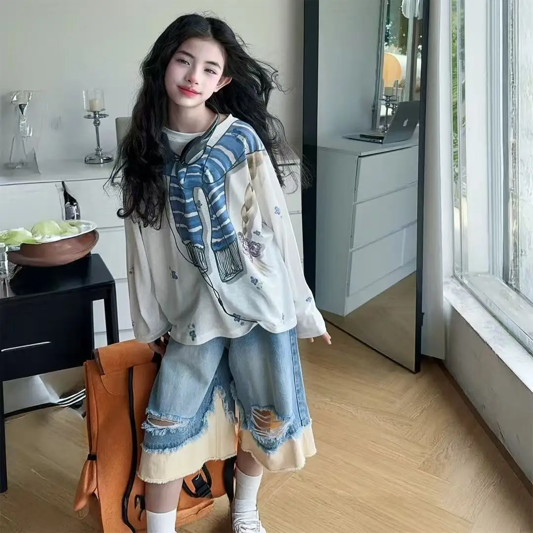 

Летний комплект для девочек 2026: Новая детская солнцезащитная рубашка с цветочным принтом и модные брюки средней длины для детей среднего и старшего возраста