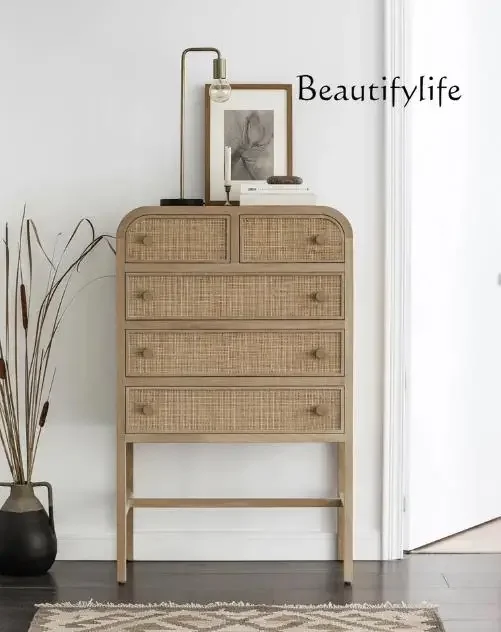 

Nordic solid wood bucket cabinet wabi-sabi wind rattan locker living room entry high-footed entryway creative