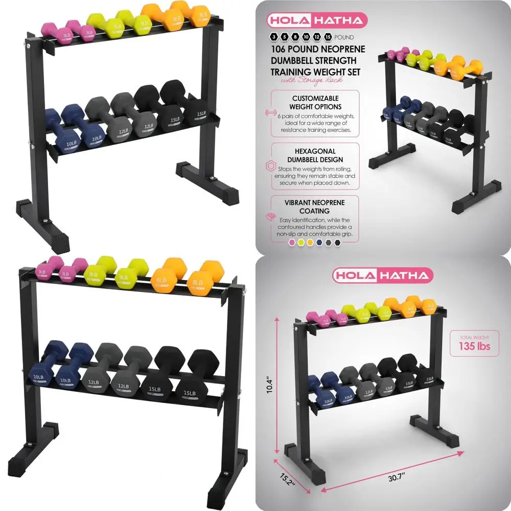 Mancuernas hexagonales recubiertas de neopreno: pesas de 3, 5, 8, 10, 12 y 15 libras con estante de almacenamiento para entrenamiento de fuerza