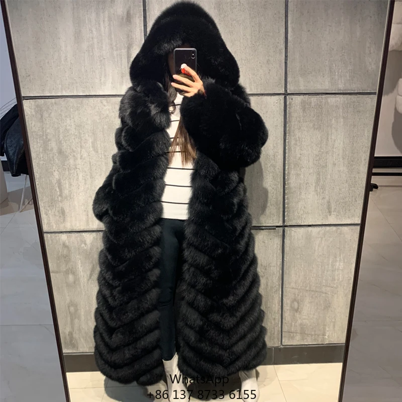 

Winter Warm Women Black Long Fur Coat With Hood Natural Fur Coat For Ladies Streetwear