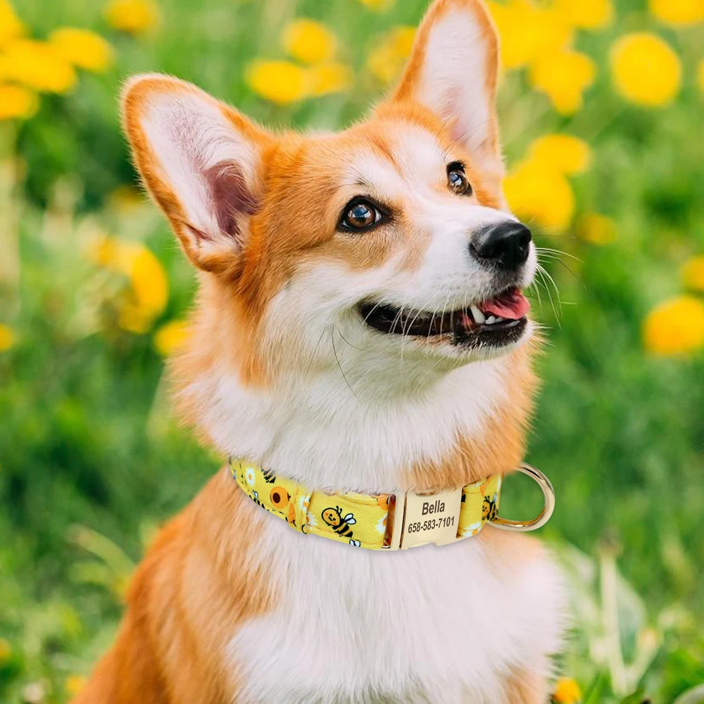 Personalisiertes Nylon-Hundehalsband mit Blumen- und Biene-Aufdruck, Welpenhalsbänder, kostenlose individuelle Haustier-ID-Halskettenhalsbänder für kleine große Hunde, Chihuahua – Detail 13