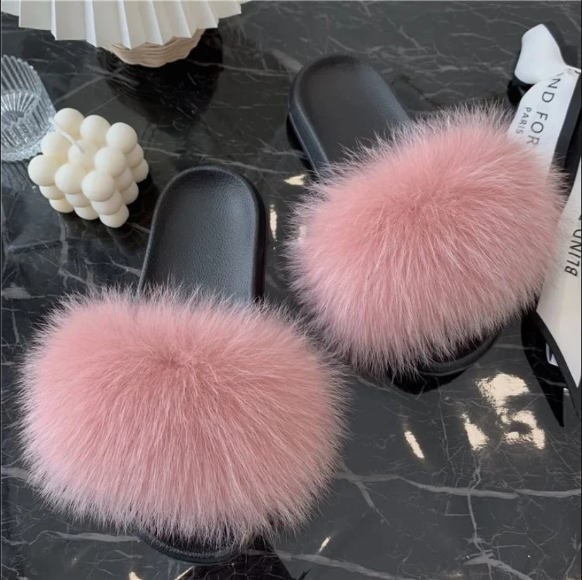 Fox Fur Slippers Luxury Designer House Shoes Fluffy Cute Home Plush Ladies Flip Flops Summer Outdoor Casual Fashion Flat Sandals